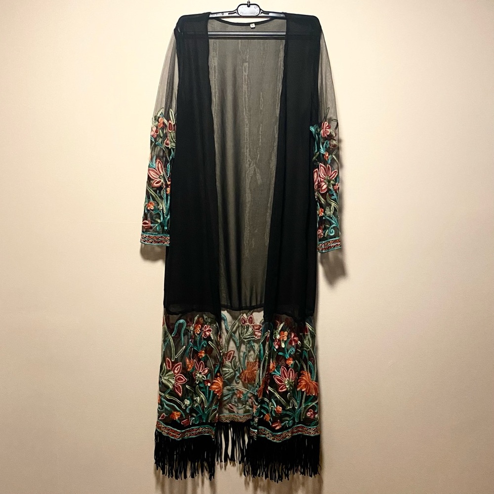 Sheer Embroidered Floral Kimono with Fringe